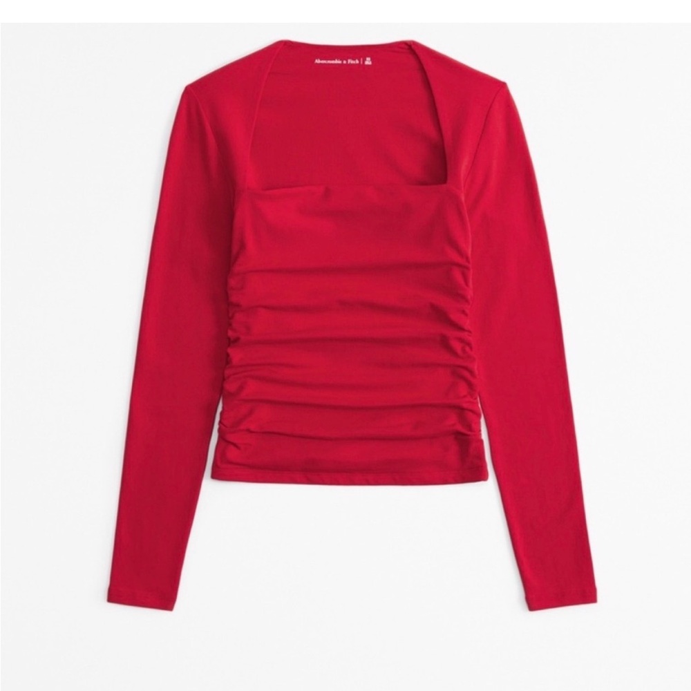 Abercrombie & Fitch Red Ruched Square-Neck Long-Sleeve Top